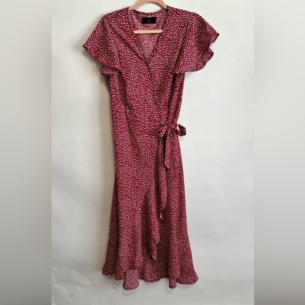 Red Ruffled Wrap Midi Dress Size S/M - Picture 9 of 9